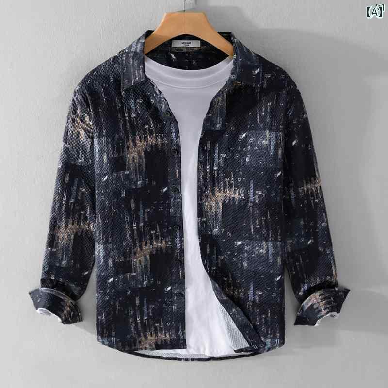 メンズ　ファッション　韓国ファッション　オシャレ　韓国 プリント シャツ メンズ 長袖 薄手 インチ 服 学生 春夏 ジャケット