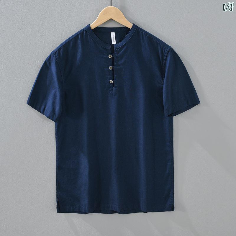 メンズ　ファッション　韓国ファッション　オシャレ　韓国 夏 レトロ リネン 半袖 Tシャツ メンズ 小柄 スタンドカラー ポロシャツ 文学 カジュアル コットン 服