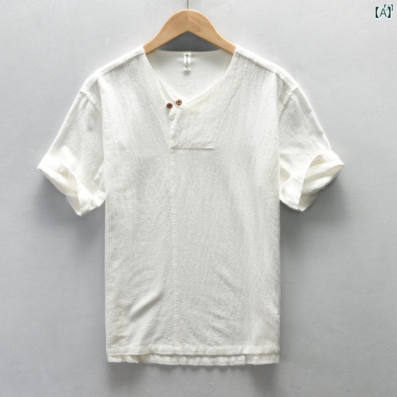 メンズ　ファッション　韓国ファッション　オシャレ　韓国 レトロ コットン 麻 メンズ 半袖 Tシャツ 夏用 Vネック カジュアル 汎用性 薄手 ラミー 生地 トップス