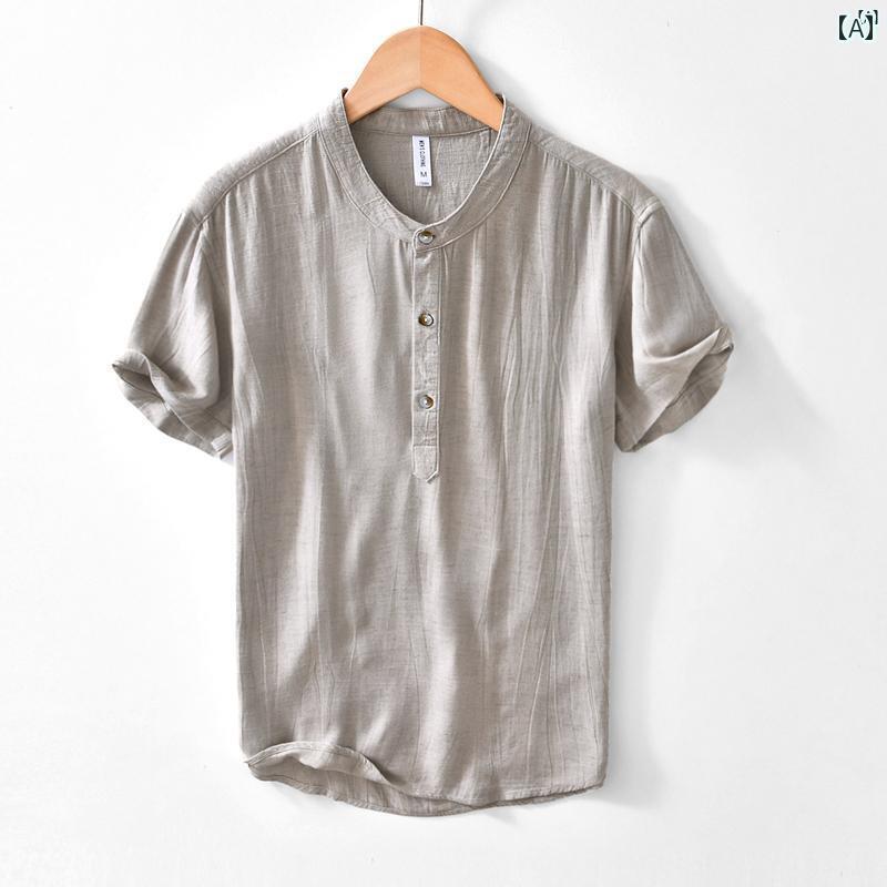 メンズ　ファッション　韓国ファッション　オシャレ　韓国 夏 無地 リネン 半袖 Tシャツ メンズ 小柄 スタンドカラー ポロシャツ 文学 カジュアル レトロ コットン 服