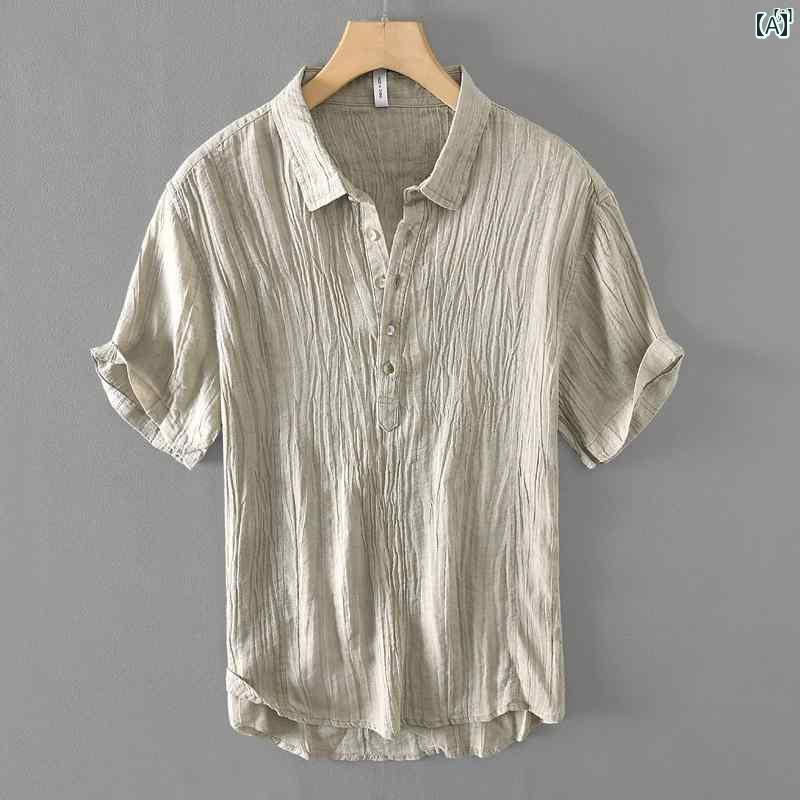メンズ　ファッション　韓国ファッション　オシャレ　韓国 夏 テンセル コットン リネン 半袖 Tシャツ メンズ レトロ ポロシャツ プリーツ ラミー 生地 トップ