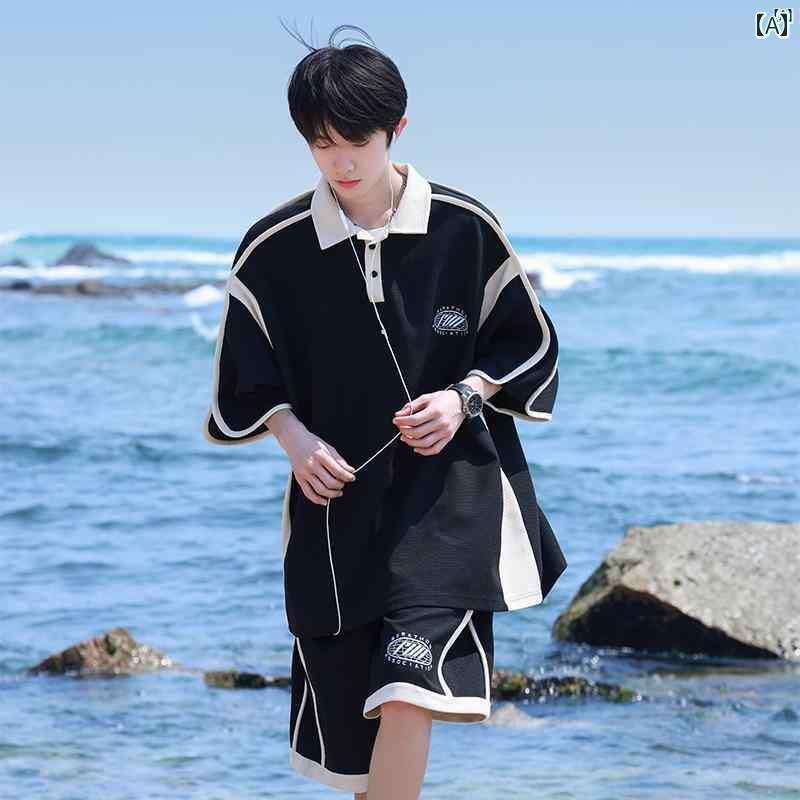 メンズ ファッション 韓国ファッション オシャレ 韓国 セット 夏 カレッジ 男性用 半袖 ポロシャツ ティーンエイジャー 用 冷感 Tシャツ トップ カジュアル スポーツウェア スーツ
