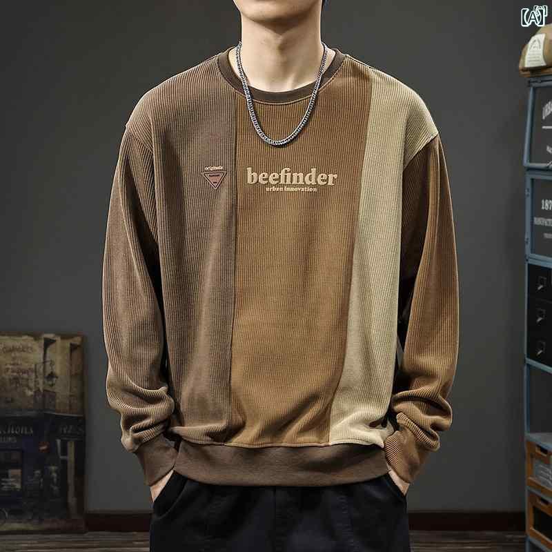 メンズ　男性 ファッション 韓国 オシャレ たり 大歳ストリート 秋 カラー ブロック スウェットシャツ ヘビー テクスチャー ラウンドネック トップ アメリカン レトロ カジュアル ジャケット