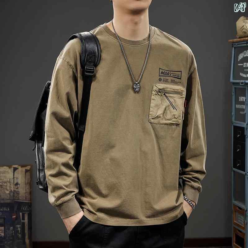 メンズ　男性 ファッション 韓国 オシャレ たり 大歳ストリート アメリカ ジッパー ポケット 長袖 Tシャツ 秋 レトロ ウォッシュド ラウンドネック スウェットシャツ 男性用