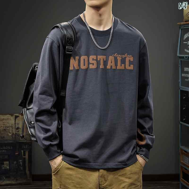 メンズ　男性 ファッション 韓国 オシャレ たり 大歳ストリート アメリカン レトロ レター プリント 長袖 Tシャツ 男性 秋 コットン ラウンドネック ボト シャツ トレーナー