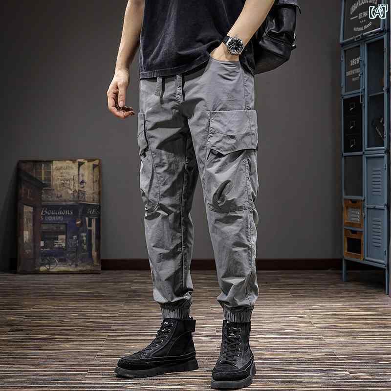 メンズ　男性 ファッション 韓国 オシャレ たり 大歳ストリート アメリカン レトロ ワークウェア カジュアル パンツ 男性用 秋 薄手 速乾 レギンス スプライシング マルチ ポケット 無地