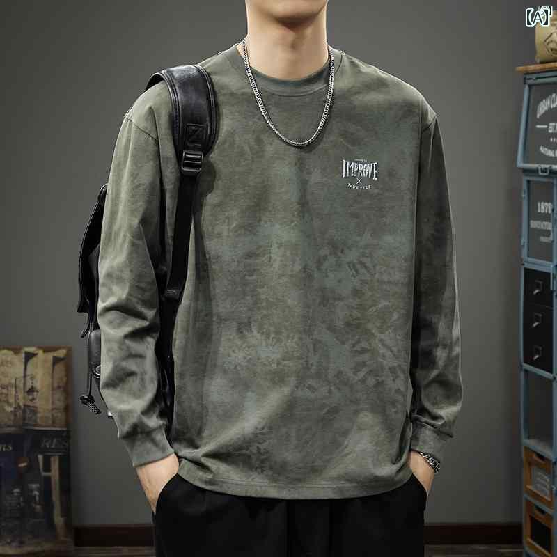 メンズ　男性 ファッション 韓国 オシャレ たり 大歳ストリート 270 グラム ヘビーウォッシュ シンプル 刺繍 長袖 Tシャツ 男性 秋 ラウンドネック アメリカン レトロ スウェットシャツ