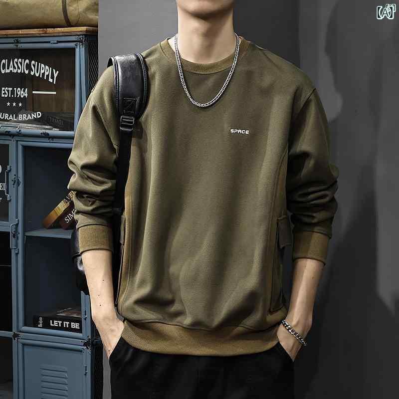 メンズ　男性 ファッション 韓国 オシャレ たり 大歳ストリート 秋 男性用 ハイエンド ポケット スウェットシャツ たり 大きいサイズ アメリカン スプライシング ラウンドネック カジュアル トップ