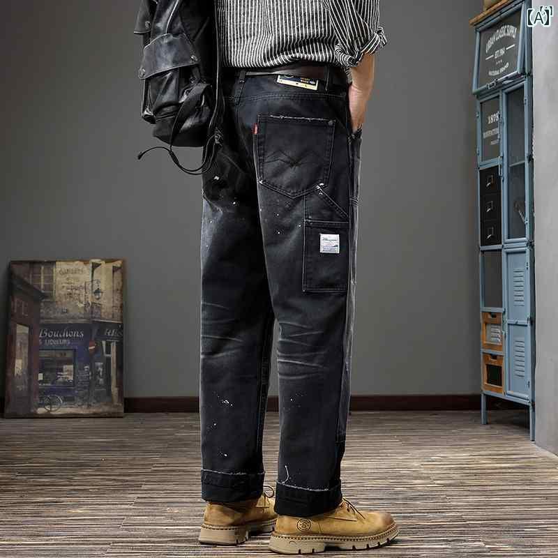 メンズ　男性 ファッション 韓国 オシャレ たり 大歳ストリート アメリカン レトロ ウォッシュ インク オーバー オール 春秋 ストレート 秋 カジュアル パンツ