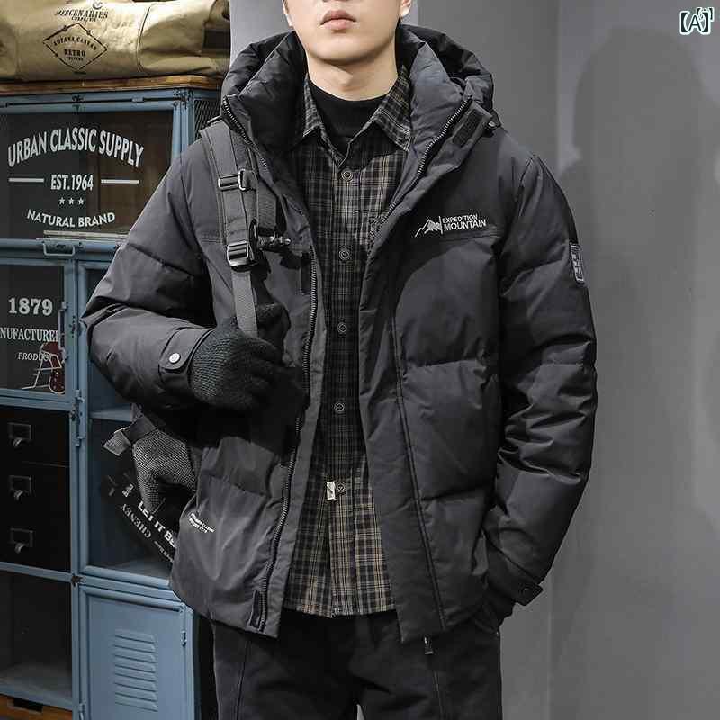 メンズ　男性 ファッション 韓国 オシャレ たり 大歳ストリート 90 ホワイトダックダウン 暖かい 寒い ショート ダウン ジャケット 冬 フード付き パン コート 軽量