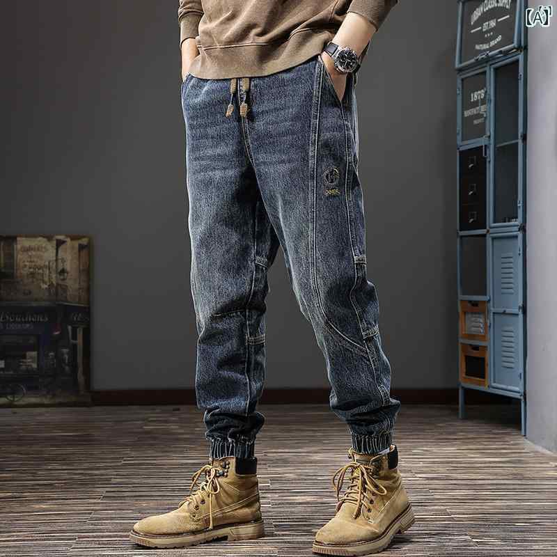 メンズ 男性 ファッション 韓国 オシャレ たり 大歳ストリート 秋 スプライシング 刺繍 ジーンズ レトロ ウォッシュ アメリカン カジュアル パンツ レギンス