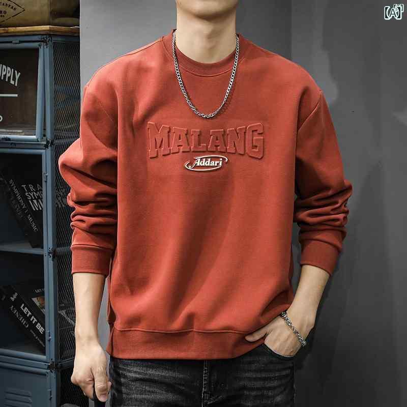 メンズ　男性 ファッション 韓国 オシャレ たり 大歳ストリート 秋 ヘビー スチール プリント レッド スウェットシャツ アメリカン イン トップ ジャケット ラウンドネック 長袖 Tシャツ