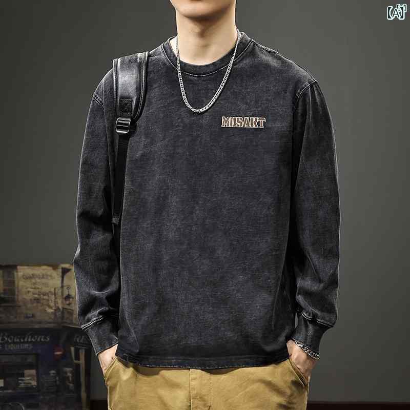メンズ　男性 ファッション 韓国 オシャレ たり 大歳ストリート 秋 ヘビーウェイト高 密度 コットン 長袖 Tシャツ アメリカン オールド ウォッシュ 春 たり 大きいサイズ スウェットシャツ