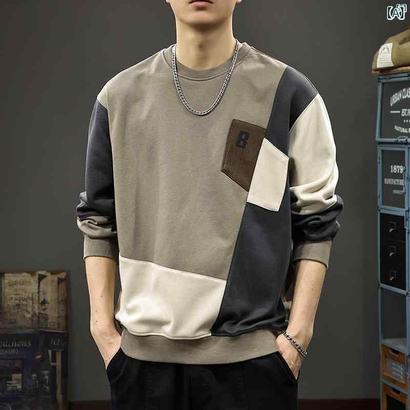 メンズ　男性 ファッション 韓国 オシャレ たり 大歳ストリート 秋 カラー ブロック ポケット スウェットシャツ 厚手 起毛 大きいサイズ ラウンドネック アメカジ ジャケット