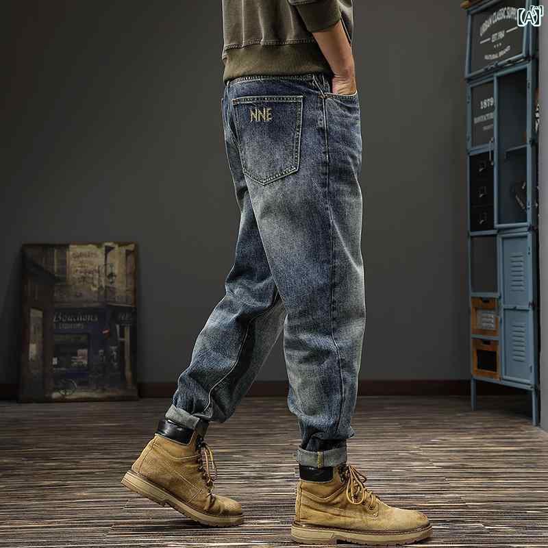 メンズ　ファッション　オシャレ　男性　大歳ストリート 秋 たり ワイド ジーンズ メンズ アメリカン ダメージ 加工 ストレート パンツ ウォッシュ 刺繍 テーパードパンツ