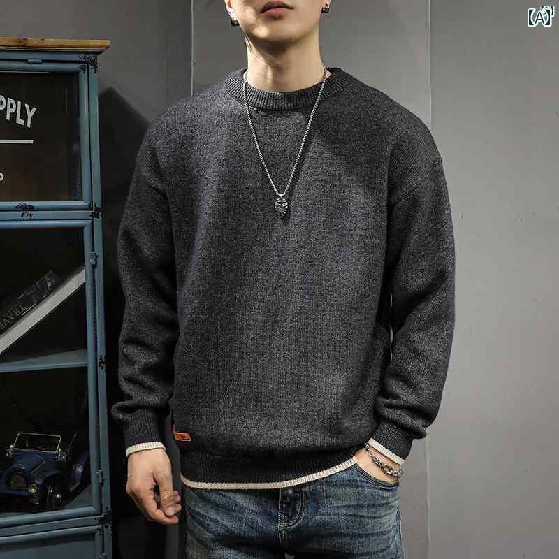 メンズ　ファッション　オシャレ　男性　大歳ストリート 秋 ファッション フェイク 2点 セーター メンズ アメリカン レトロ ヘビー ラウンドネック シャツ 6,471円