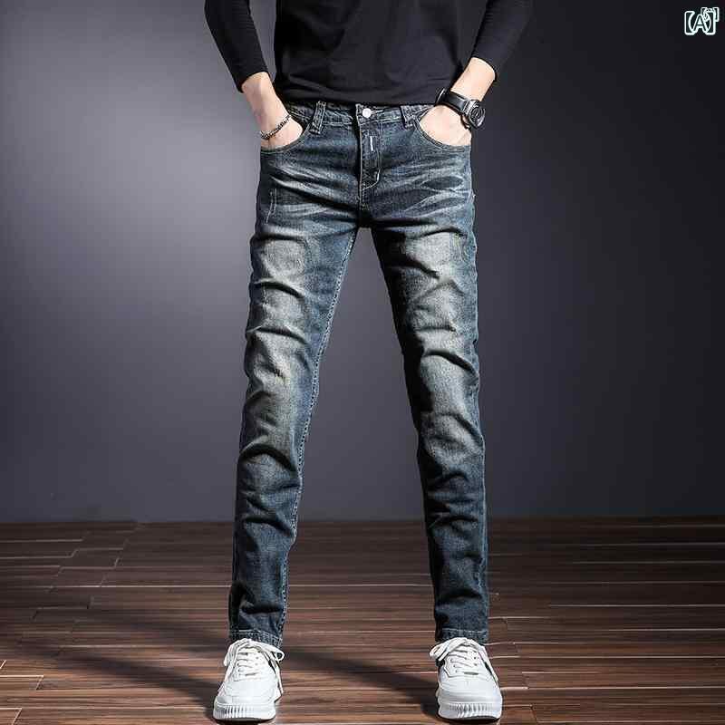 メンズ　ファッション　オシャレ　男性　大歳ストリート アメリカ パンツ レトロ ダメージ ウォッシュ 春 ジーンズ メンズ スリム ストレート高耐久 ホワイト ひげ ズボン