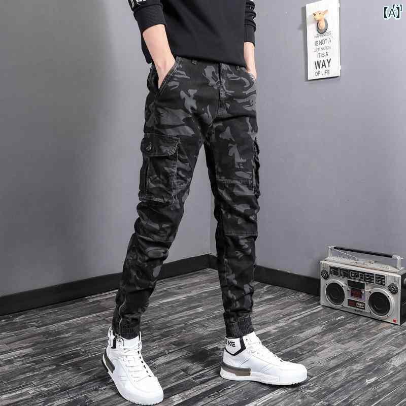 メンズ　ファッション　オシャレ　男性　大歳ストリート メンズ 春 カジュアル パンツ ストレッチ スリムフィット 迷彩 ロング ジッパー 裾 イン アンクレット オーバー オール