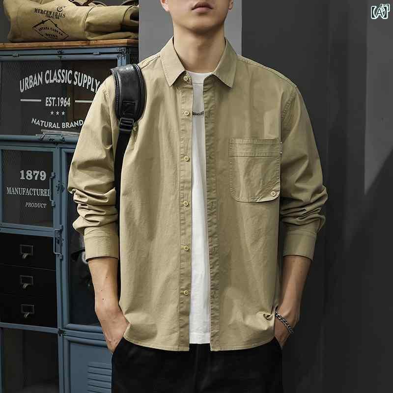 メンズ　ファッション　オシャレ　男性　大歳ストリート 秋 作業着 ポケット 長袖 メンズシャツ アメリカン ファッション 無地 シャツ たり 大きいサイズ カジュアル ジャケット