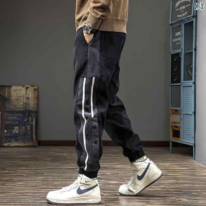 メンズ ファッション オシャレ 男性 大歳ストリート 秋 スプライス ストライプ 足首ま 長さ メンズカジュアル パンツ アメリカン オーバー オール スウェットパンツ
