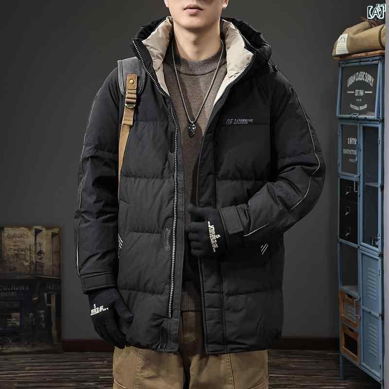 メンズ　ファッション　オシャレ　男性　大歳ストリート 冬 高級 グース ダウン ミドル丈 ジャケット メンズ フード付き 暖かい 厚手 アメリカン カジュアル