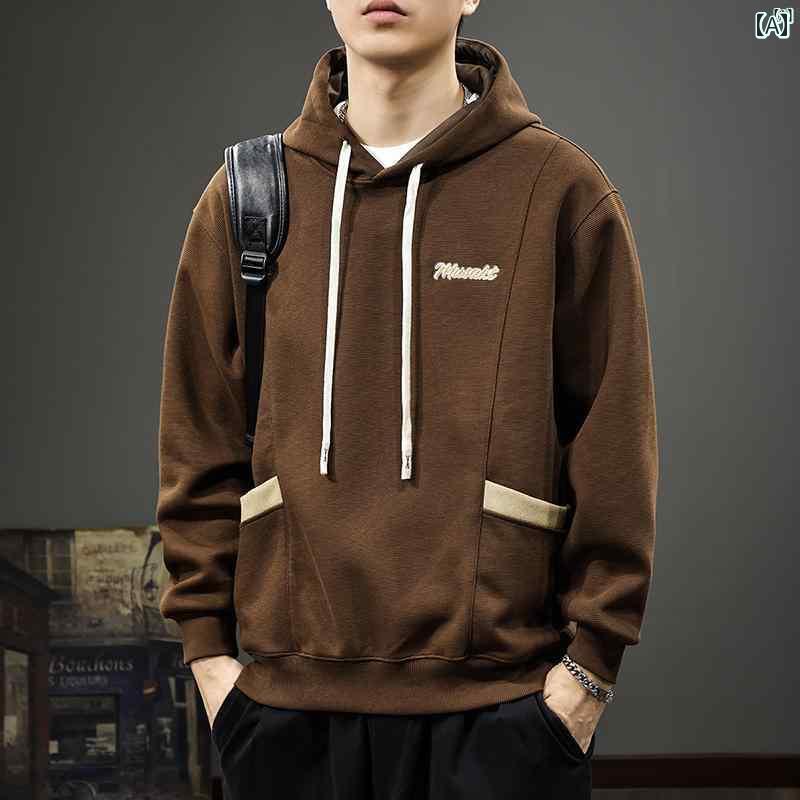 メンズ　ファッション　オシャレ　男性　大歳ストリート アメカジ カラー ブロック ポケット 長袖 メンズ トレーナー 秋 シンプル 刺繍 ヘビー フード付き ジャケット