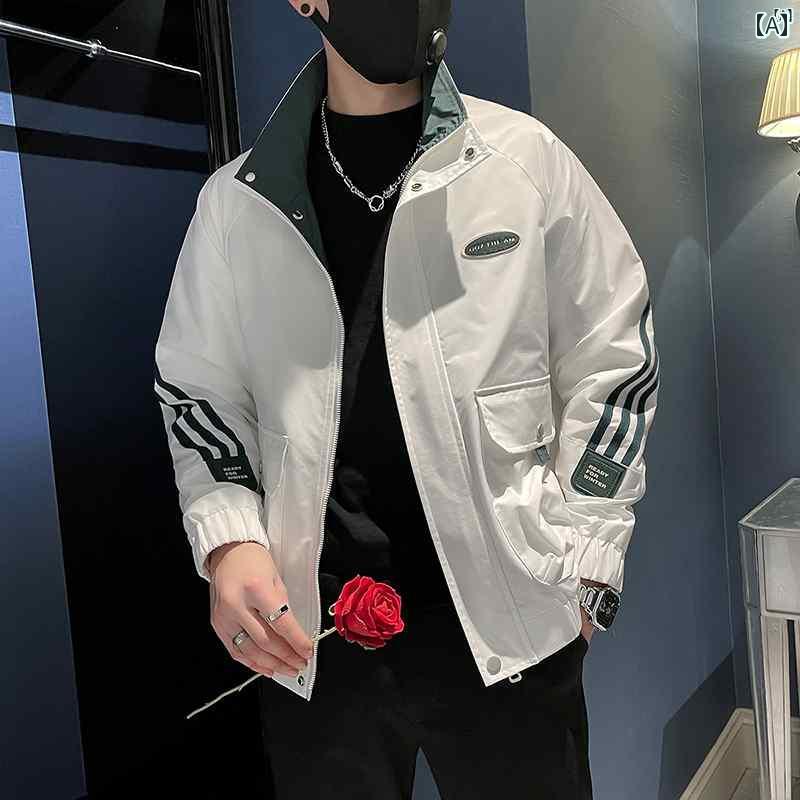 メンズ　ファッション　韓国ファッション　オシャレ　カジュアル　男性用　大歳 スリー ストライプス ジャケット メンズ 春秋 韓国 ストライプ スタンドカラー ワークジャケット