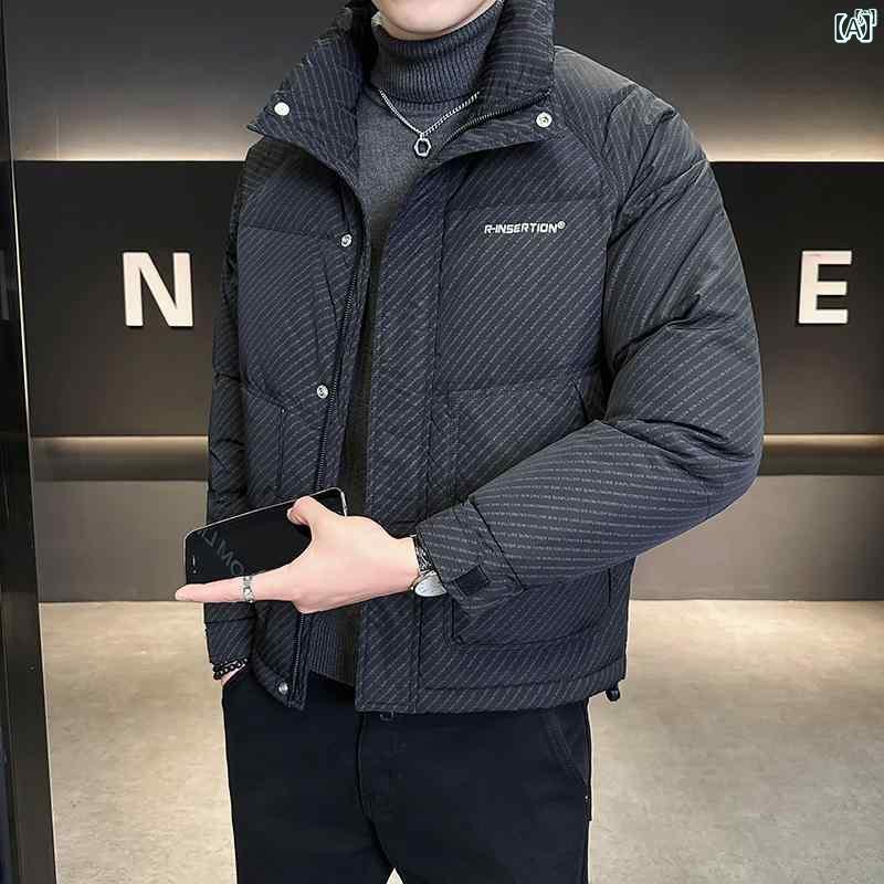 メンズ　ファッション　韓国ファッション　オシャレ　カジュアル　男性用　大歳 ダウン ジャケット メンズ 冬 ホット ショート ハイエンド 斜め ストライプ 厚く 暖かい