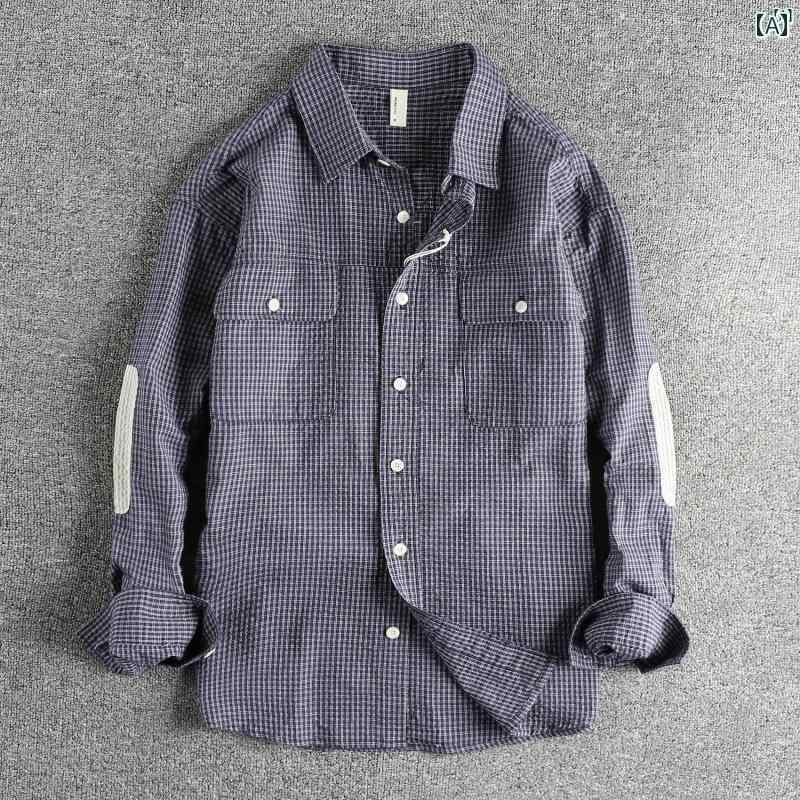 メンズ　メンズファッション　ファッション　男性用　オシャレ バブル テクスチャ ストライプ ハイエンド レトロ パッチ シャツ メンズ 春秋 カジュアル 長袖 男性用