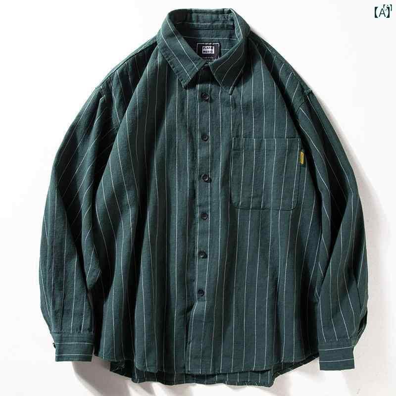 メンズ　ファッション　男性用　カジュアル　オシャレ ストライプシャツ メンズ 春秋 コットン リネン シンプル トップス レトロ カジュアル シャツ
