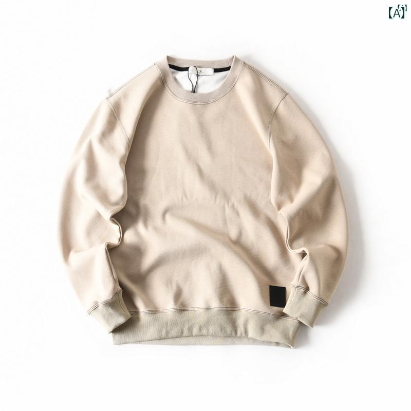 メンズ　男性　メンズファッション　オシャレ　カジュアル 厚手 コットン ローマンクロス オープン ステッチ レザー ラベル パッチ カジュアル ラウンドネック 長袖 スウェットシャツ 男性用 秋