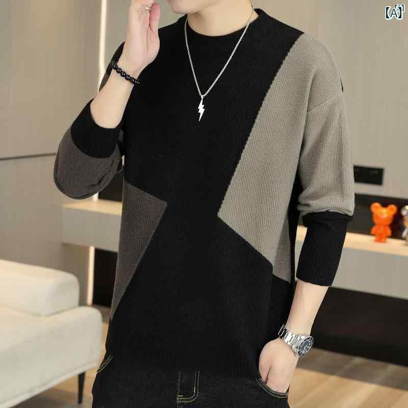 メンズ　男性　メンズファッション　オシャレ　カジュアル 幾何学的 スプライシング ニット セーター 秋冬 ラウンドネック トップ 和風 快適