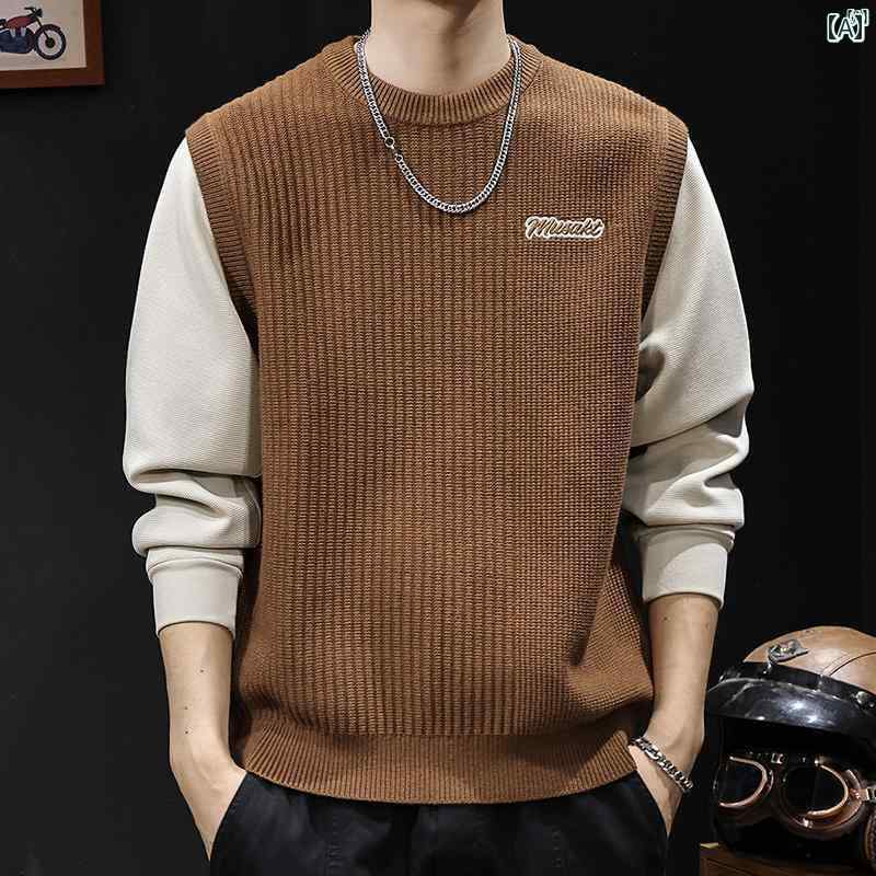 メンズ　男性　メンズファッション　オシャレ　カジュアル カラー ブロッキング フェイク 2点 厚 糸 セーター 秋冬 メンズ 防寒着 厚手 大きいサイズ アウター