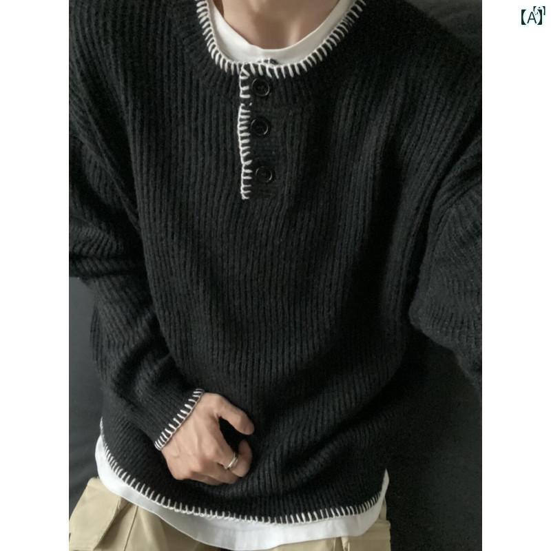 メンズ　ファッション　カジュアル 秋冬 アメリカン レトロ ヘンリー カラー セーター インナー レイヤリング シャツ 韓国 ブラック 6,162円