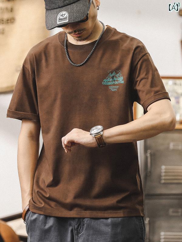 メンズ　カジュアル　男性　オシャレ ジェイ レノ 夏 半袖 メンズ アメリカン レトロ マウンテン アウトドア プリント t シャツ メンズトップス
