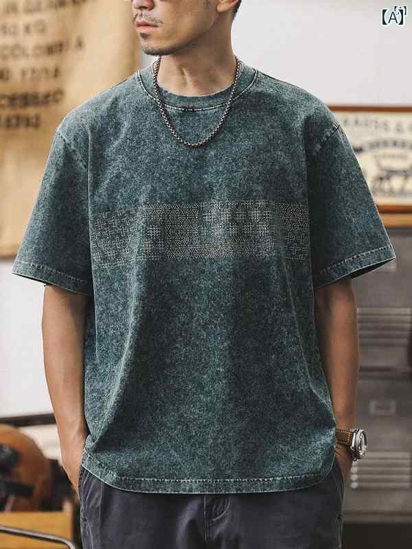 メンズ カジュアル 男性 オシャレ 厚手 280 グラム コットン 半袖 メンズ Tシャツ 夏 レトロ ホワイト 雪 柄