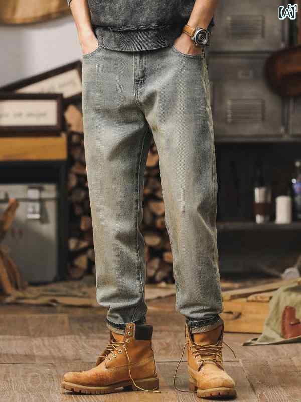 メンズ　カジュアル　男性　オシャレ アメリカン レトロ ライト カラー ジーンズ メンズ 秋 ストリート パンツ ストレート カジュアル