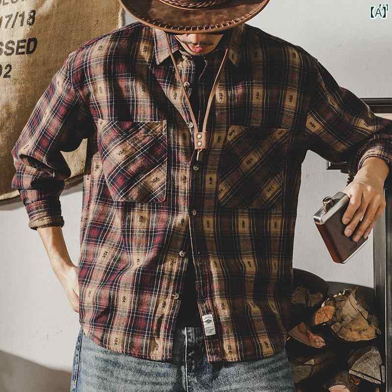 メンズ　カジュアル　男性　オシャレ 秋 アメリカン レトロ クラシック チェック柄 長袖 シャツ 男性用 春 コットン カジュアル ジャケット