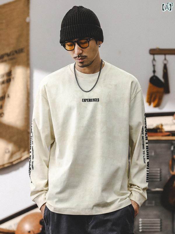 メンズ　カジュアル　男性　オシャレ アメリカン レトロ ヘビーウェイト 長袖 Tシャツ 男性用 秋 雲 染料 プリント カジュアル トップ