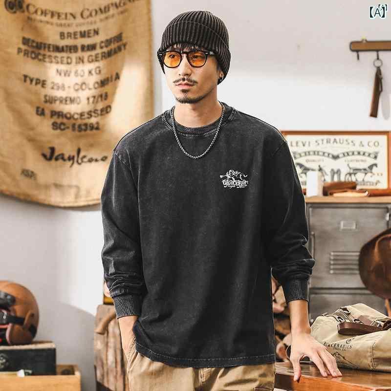 メンズ カジュアル 男性 オシャレ アメリカン レトロ 300 グラム ヘビーウェイト 長袖 Tシャツ 秋 スノーフレーク ウォッシュ トップ 紳士服