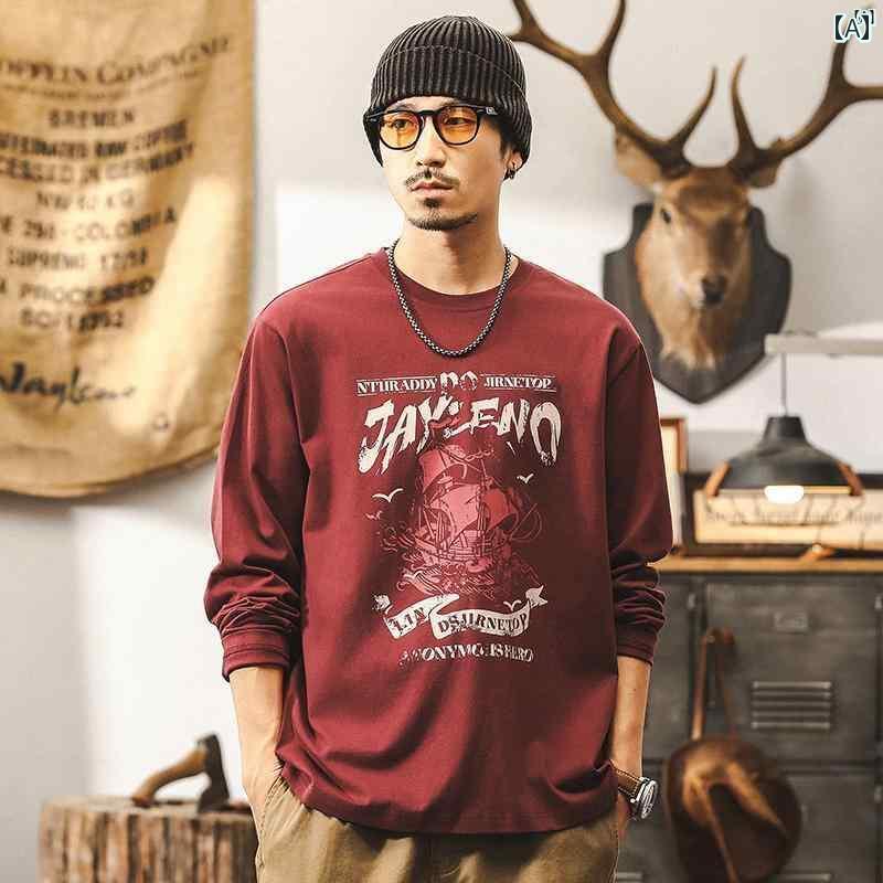 メンズ　カジュアル　男性　オシャレ アメリカン レトロ 2 グラム ヘビーウェイト コットン 長袖 Tシャツ 秋 プリント バーガンディ トップ 6,560円