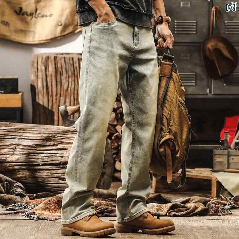 メンズ カジュアル 男性 オシャレ アメリカン クラシック レトロ イエロー 泥 染め ヘビーウェイト ジーンズ 男性用 秋 新 ストレート ストレッチ カジュアル パンツ