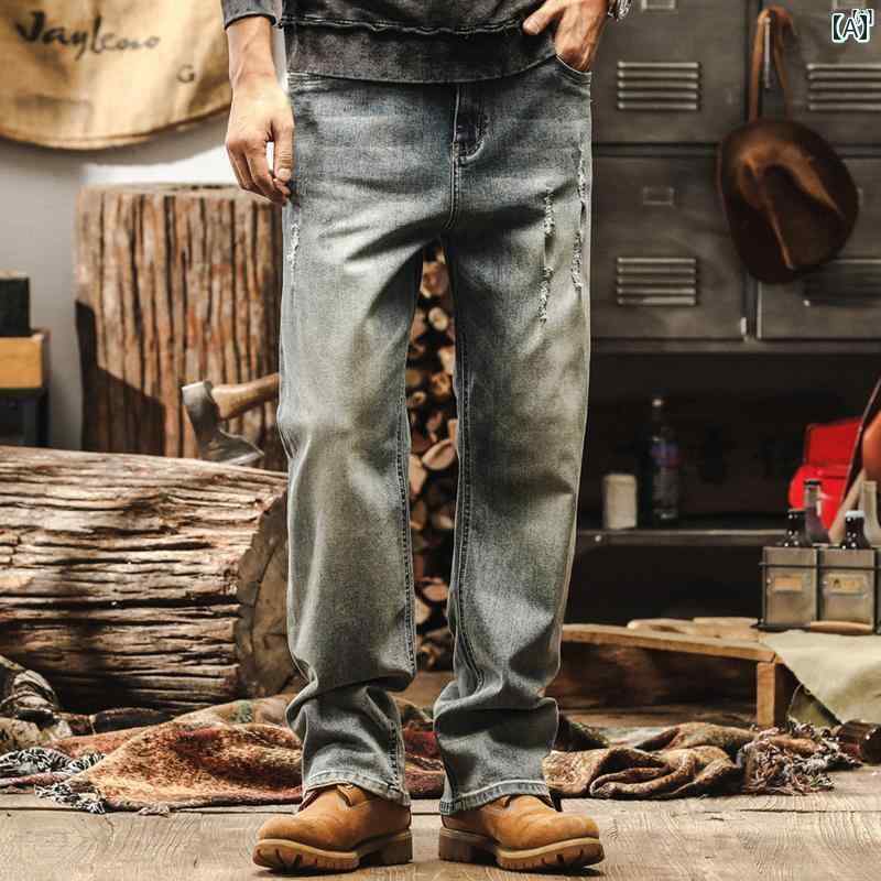 メンズ カジュアル 男性 オシャレ 秋 伸縮性 男性用 アメリカン クラシック レトロ ジーンズ ウォッシュ ダメージ ストレート カジュアル パンツ