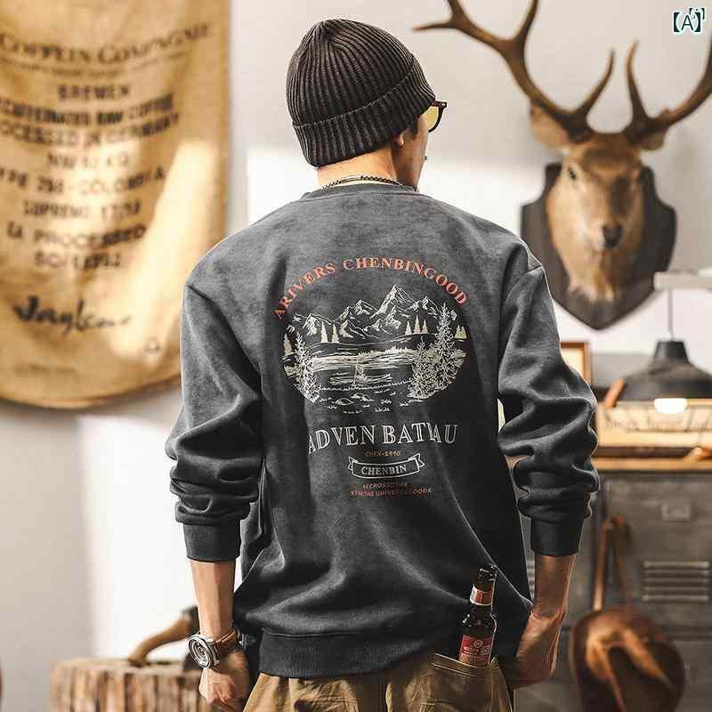 メンズ　カジュアル　男性　オシャレ アメリカン レトロ 3 グラム ヘビーウェイト ラウンドネック スウェットシャツ 秋冬 トップ マウンテン プリント Tシャツ