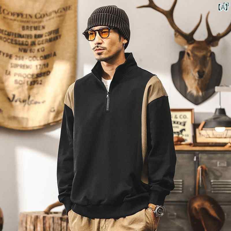 メンズ　カジュアル　男性　オシャレ 秋 スプライシング 男性用 アメリカン ヘビーウェイト レトロ ブラック スウェットシャツ トップ