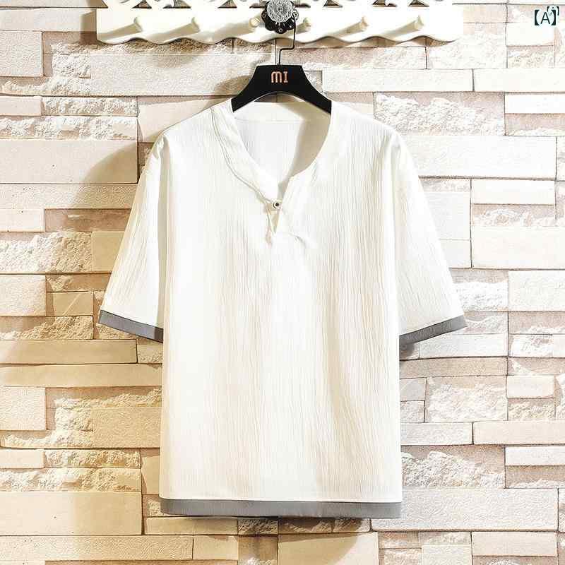 メンズ ファッショオン オシャレ カジュアル 男性 半袖 Tシャツ 夏 薄手 速乾 冷感 トップス 中華風 フェイク 2点 リネン
