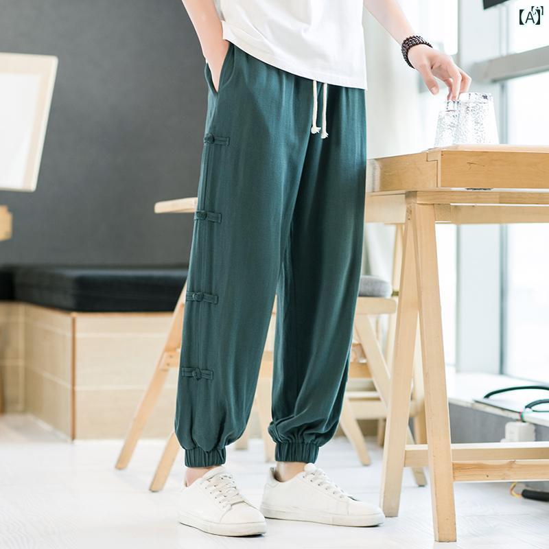 メンズ　ファッショオン　オシャレ　カジュアル　男性 夏用 薄手 コットン リネン ワイド レッグ ファッション パンツ 中華風 スポーツ 男性用