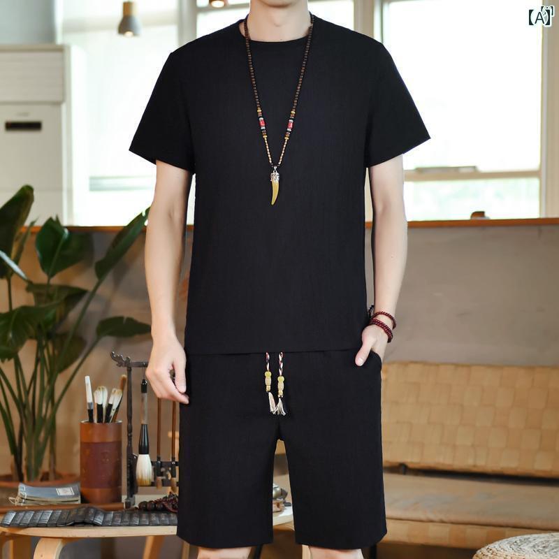 メンズ　ファッショオン　オシャレ　カジュアル　男性 夏 薄手 中華風 リネン スーツ ラウンドネック 半袖 Tシャツ トップ ショーツ 2点セット 紳士服