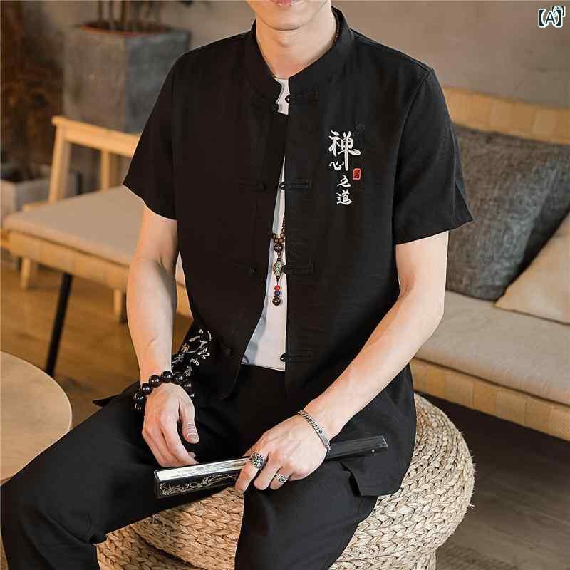 メンズ　ファッショオン　オシャレ　カジュアル　男性 中華風 大きめ サイズ 夏 スーツ 半袖 トップ クロップド パンツ 2点セット レトロ ファッション