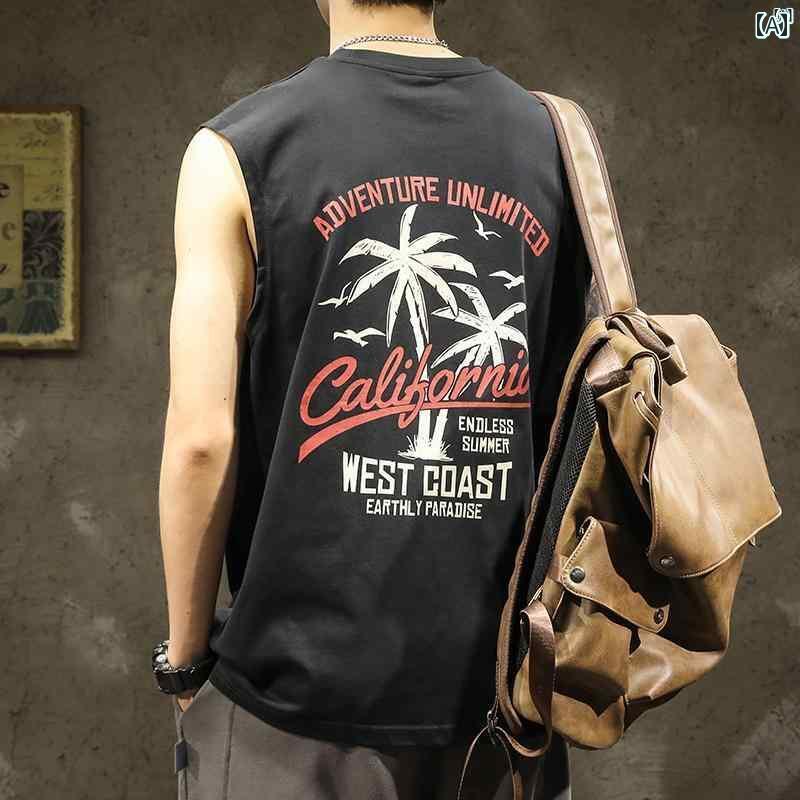 メンズ　ファッショオン　オシャレ　カジュアル　男性 ハワイアン ビーチ ベスト 夏 コットン ノースリーブ Tシャツ アメリカン ヘビー チョッキ プリント スポーツ トップ